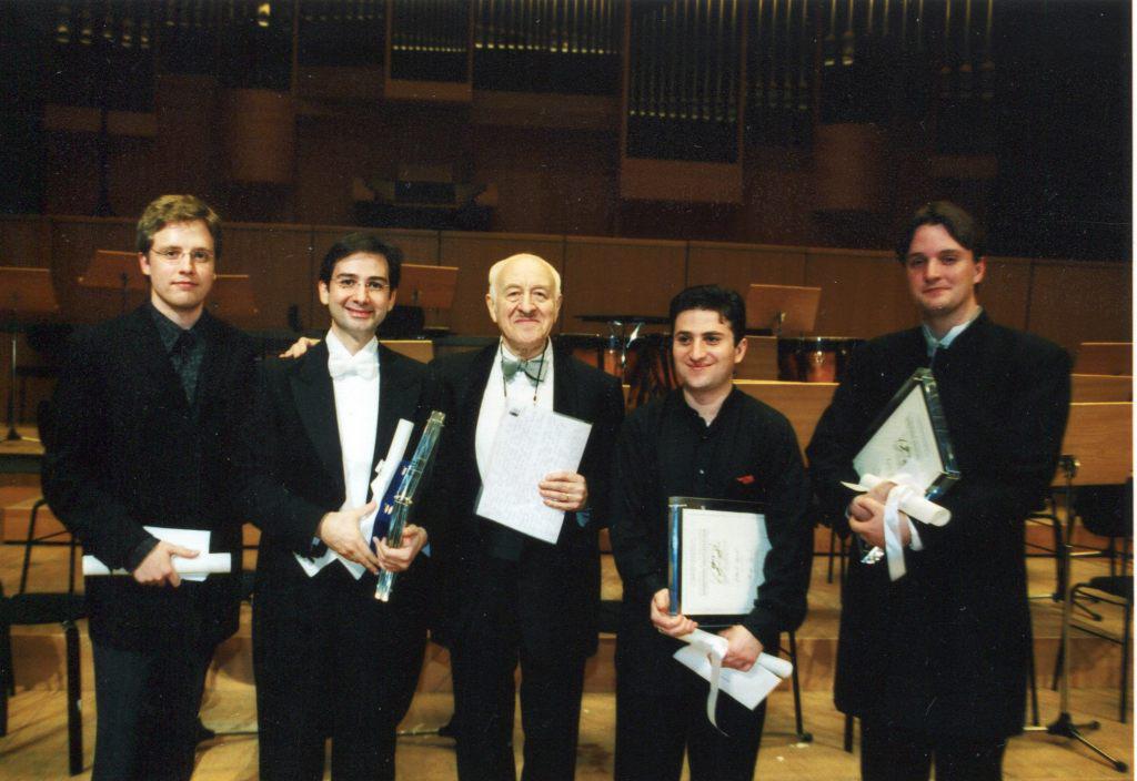 The 2002 Dimitris Mitropoulos International Competition for Conducting. From left to right: Jean-Philippe Tremblay (Orchestra Prize), Alpaslan Ertungealp (1 Prize), Rudolf Barshai (Jury Chairman), Mikhail Agrest (3 Prize), Kynan Johns (2 Prize). 2002